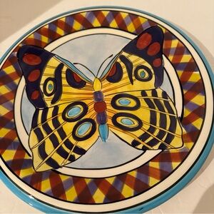 Vintage colorful butterfly 10” dinner plate with purple trim